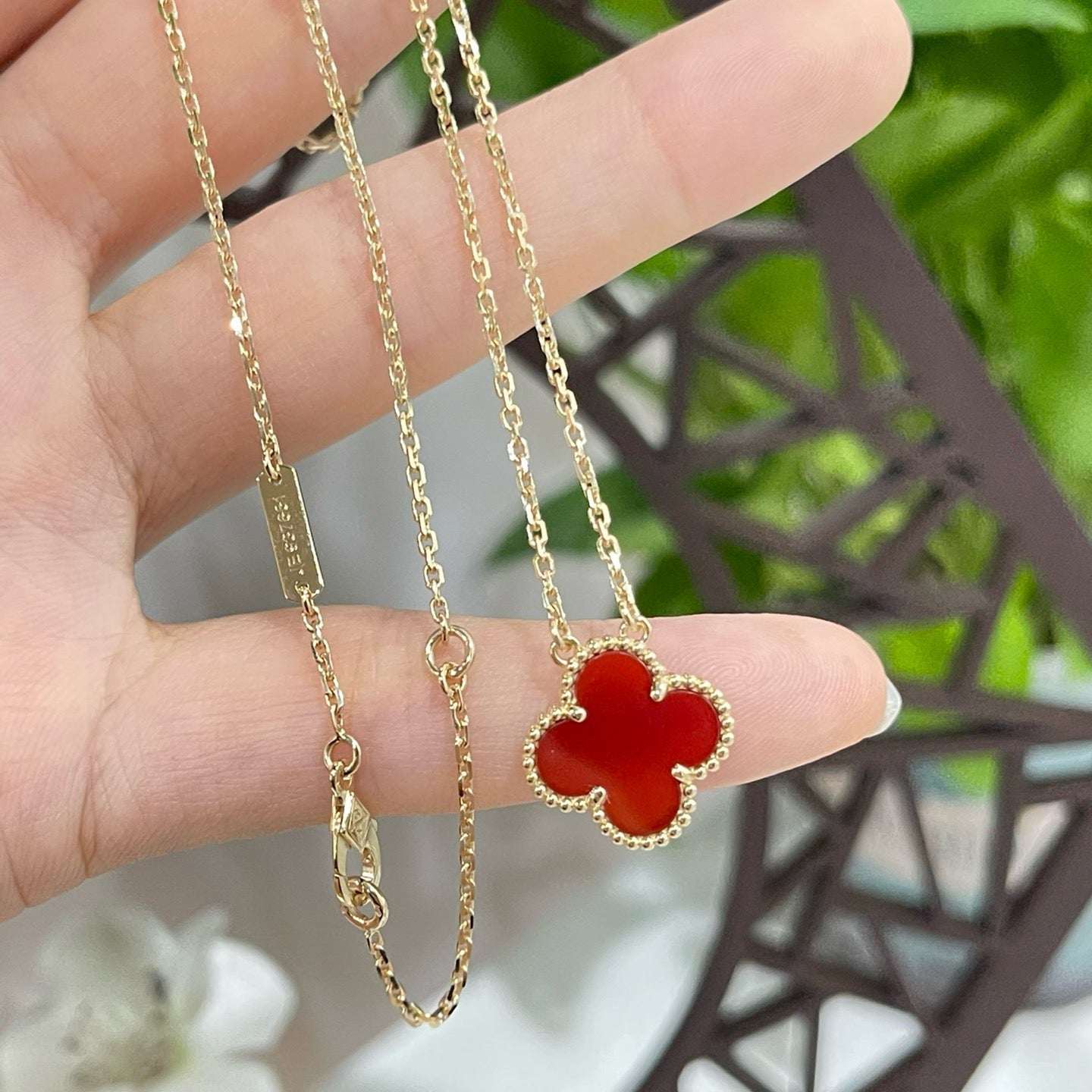 [💎ROSE💎]CLOVER 15MM CARNELIAN SINGLE FLOWER NECKLACE