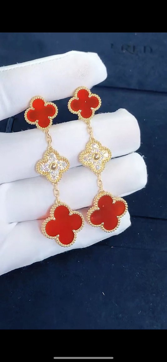 [Rose Tomorrow]CLOVER EARRINGS GOLD RED CORNELIAN DIAMOND 3 MOTIF