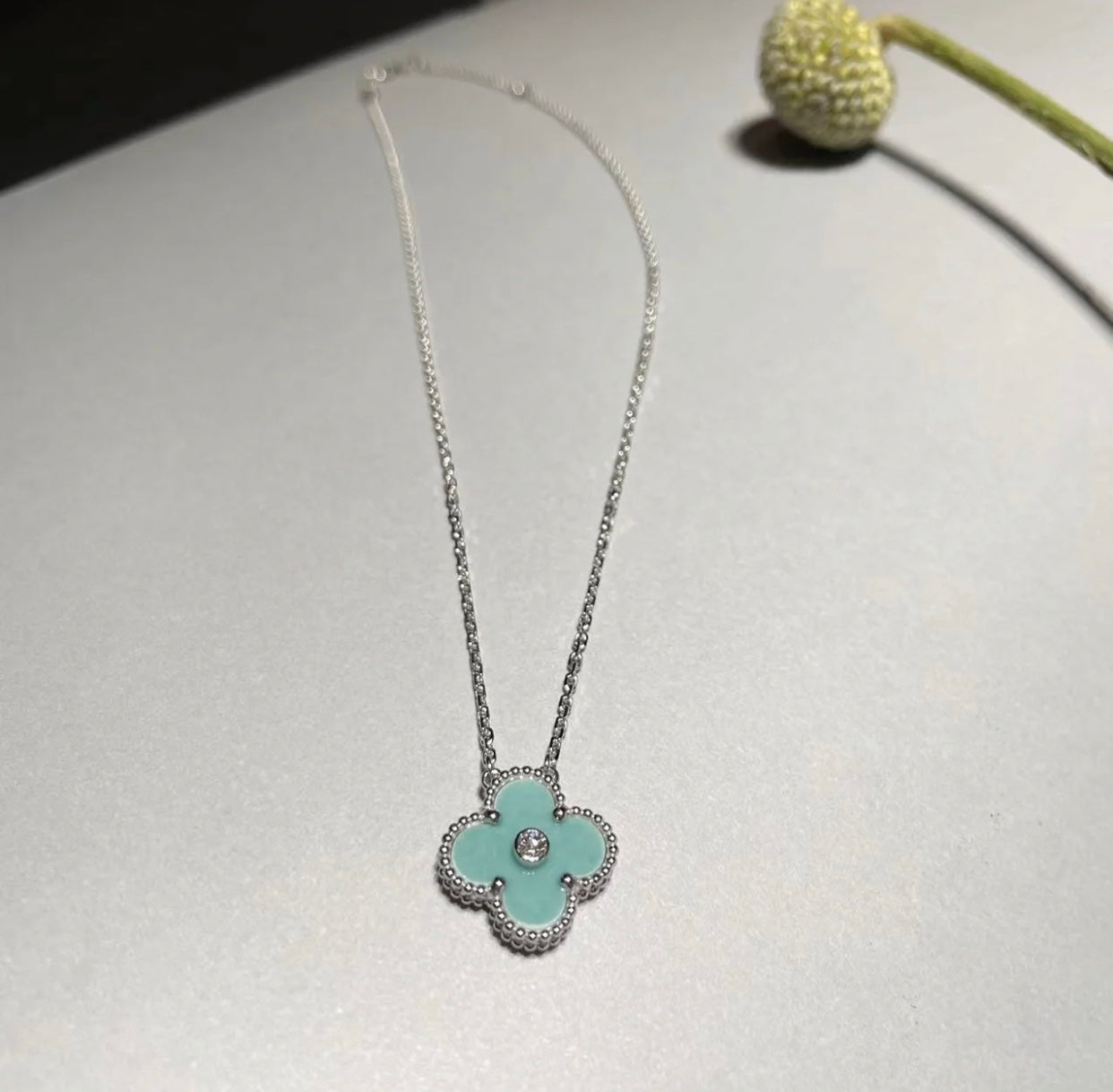 [💎ROSE💎]CLOVER 1 DIAMOND LIGHT BLUE SILVER NECKLACE