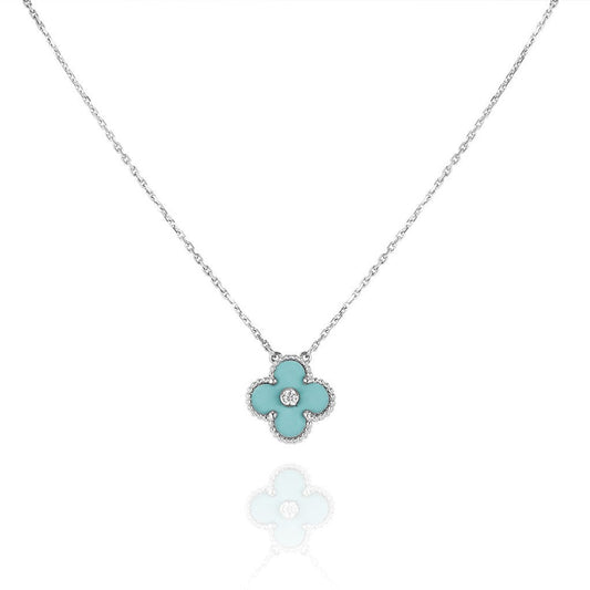 [💎ROSE💎]CLOVER 1 DIAMOND LIGHT BLUE SILVER NECKLACE