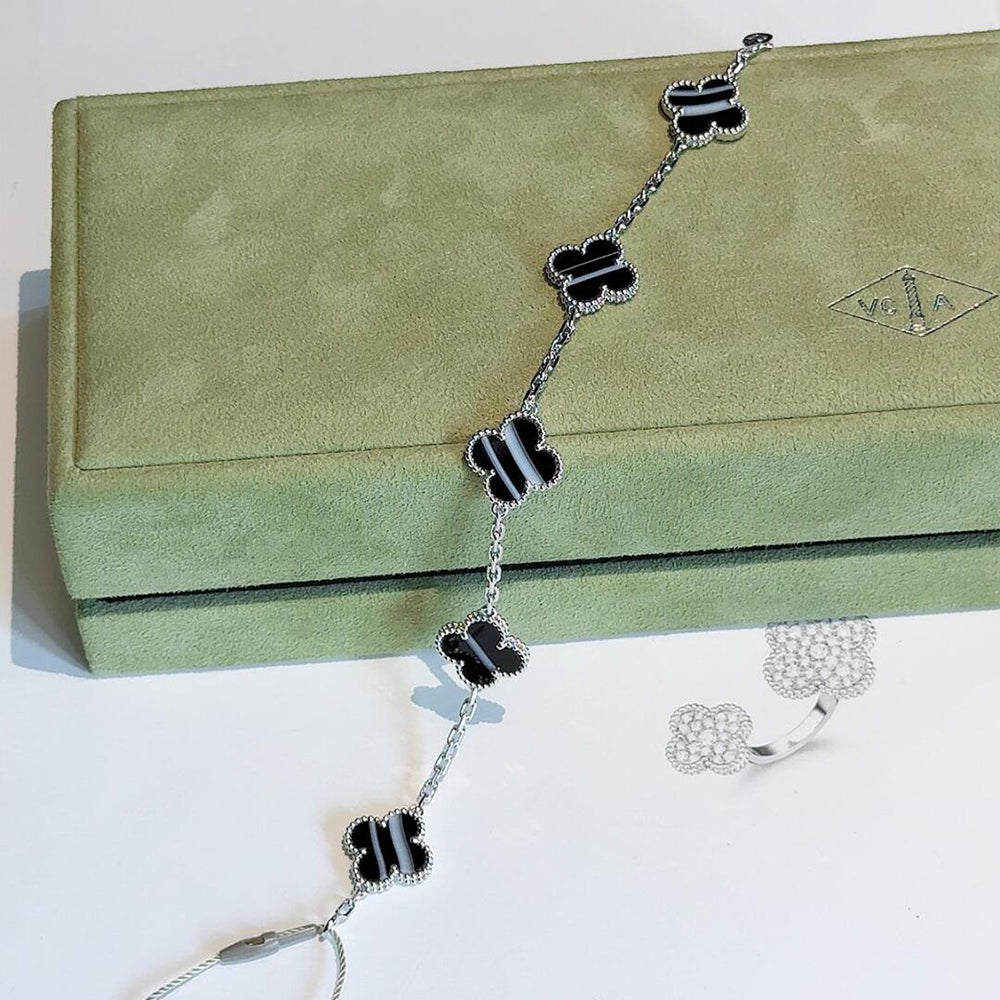 [Rose Tomorrow]CLOVER 5 MOTIF VEINED ONYX BRACELET SILVER