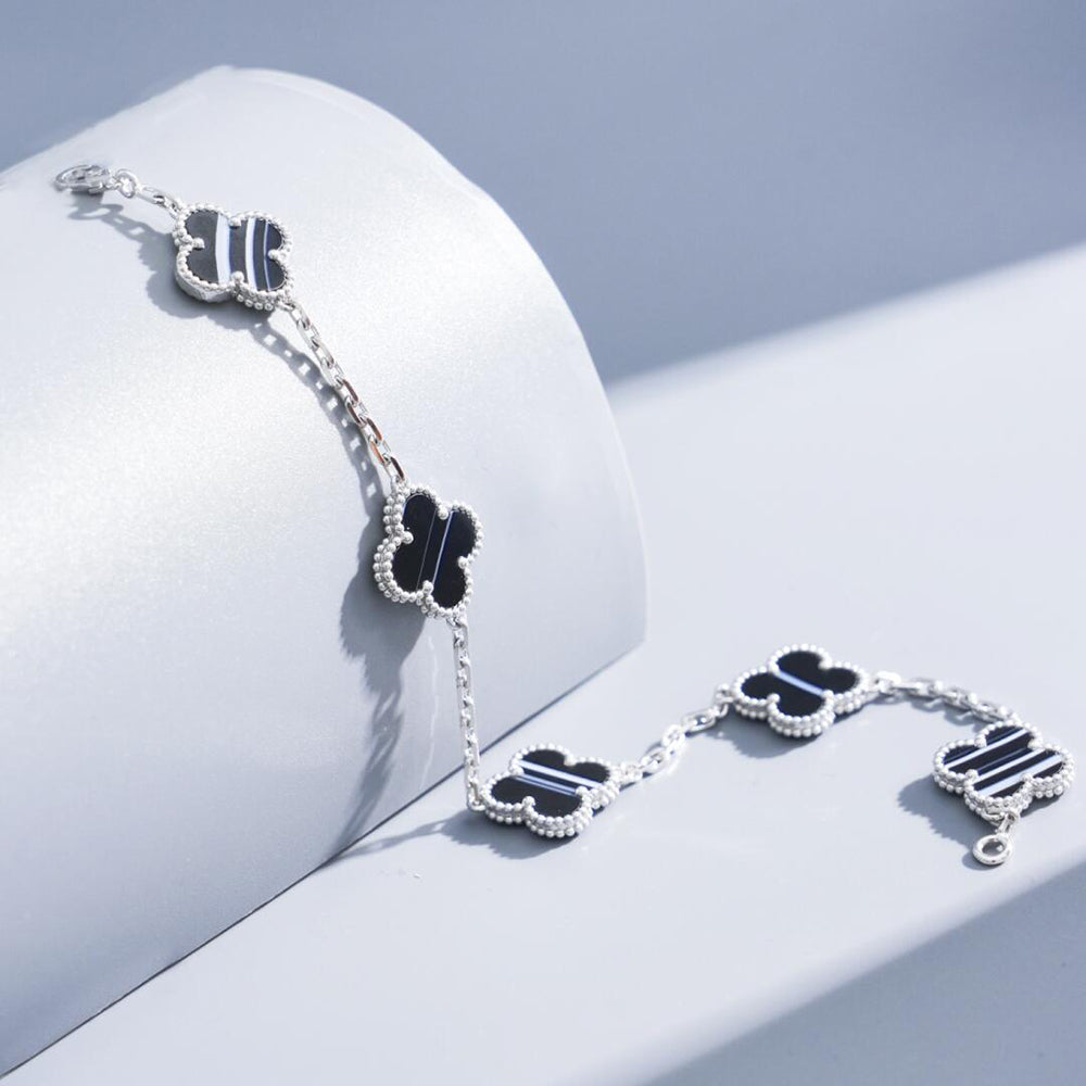 [Rose Tomorrow]CLOVER 5 MOTIF VEINED ONYX BRACELET SILVER