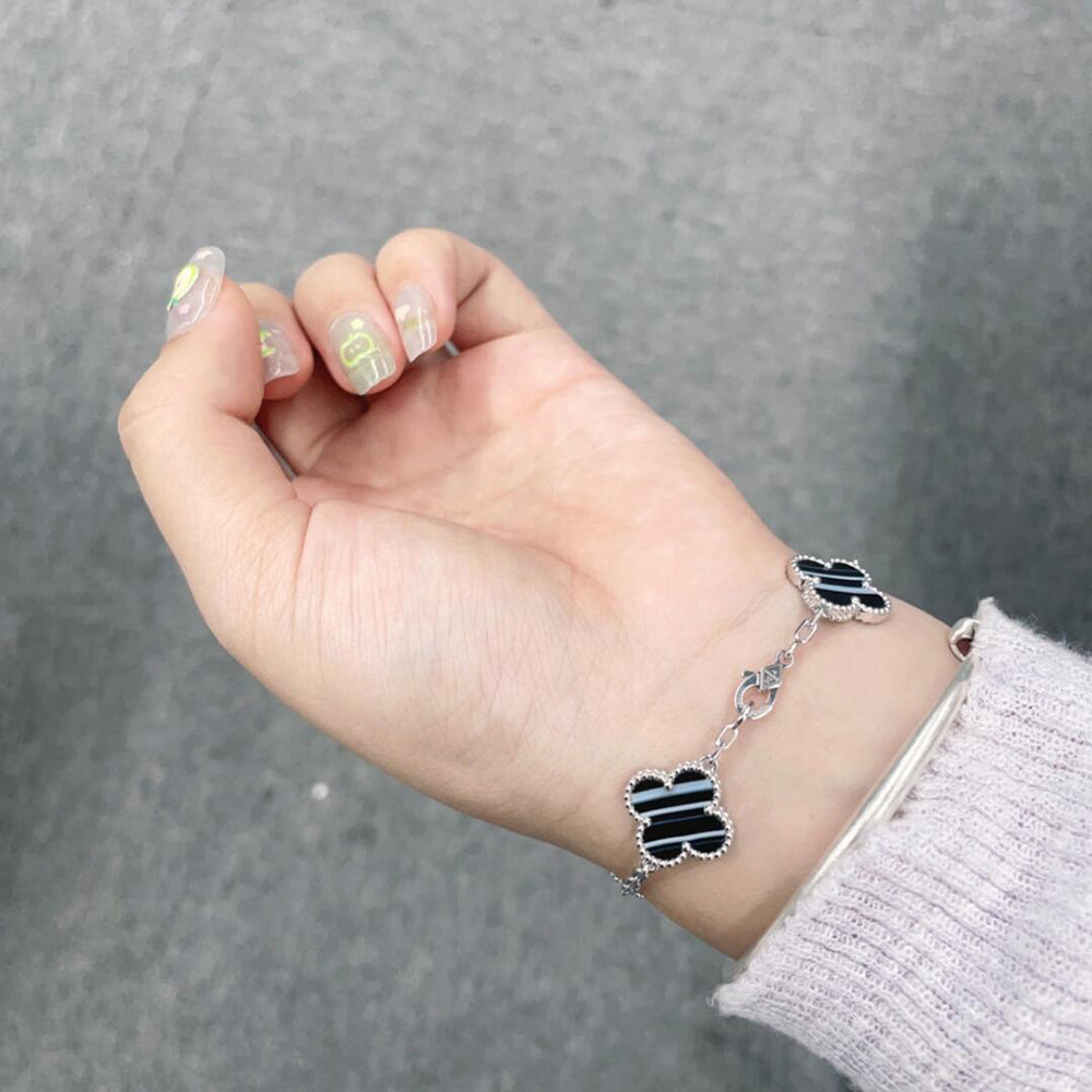 [Rose Tomorrow]CLOVER 5 MOTIF VEINED ONYX BRACELET SILVER