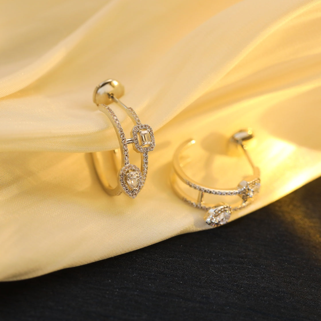 [✨Rose💎]CREOLES MY TWIN 2 RANGS SILVER DIAMOND EARRINGS