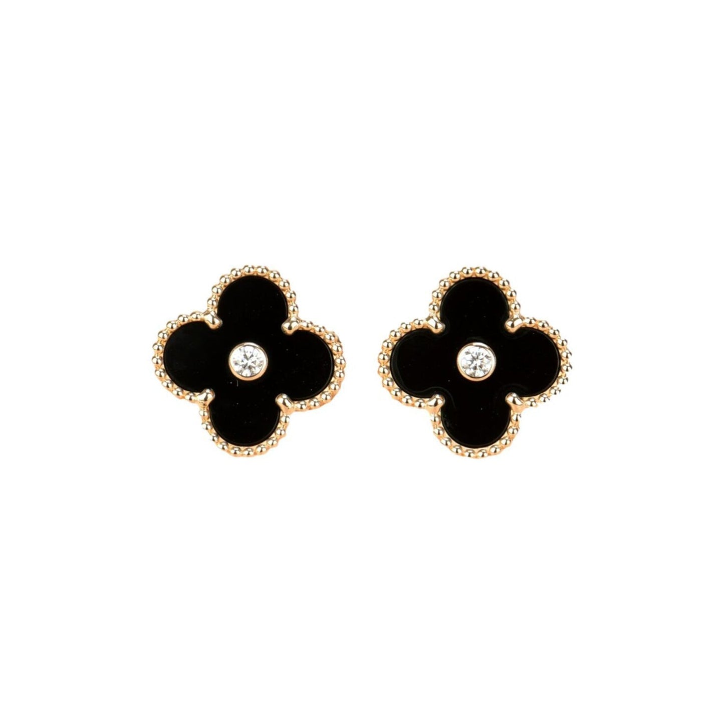 [💎ROSE💎]CLOVER MEDIUM 1 MOTIFS ONYX DIAMOND EARRINGS
