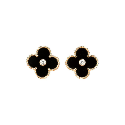 [💎ROSE💎]CLOVER MEDIUM 1 MOTIFS ONYX DIAMOND EARRINGS