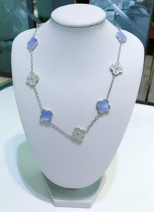 [💎ROSE💎]CLOVER 10 MOTIFS CHALCEDONY DIAMONDS SILVER NECKLACE