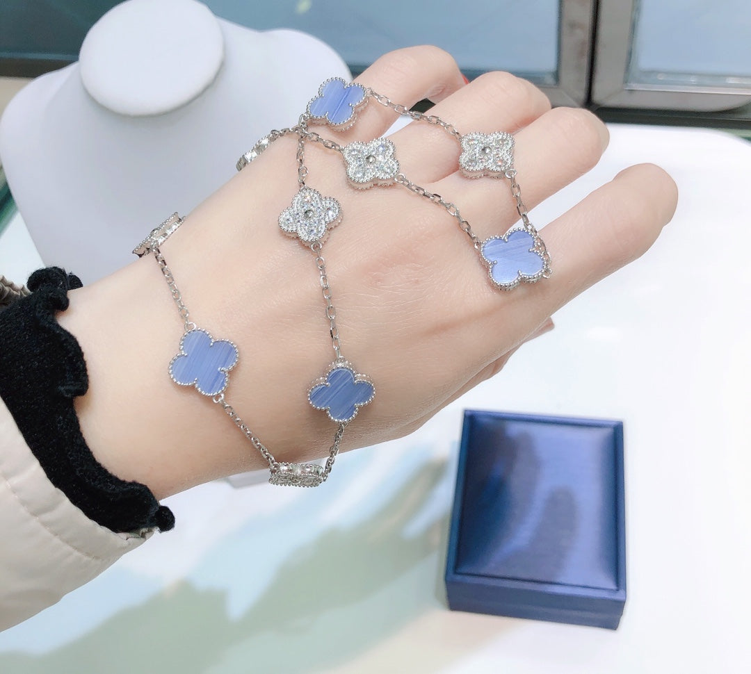 [💎ROSE💎]CLOVER 10 MOTIFS CHALCEDONY DIAMONDS SILVER NECKLACE
