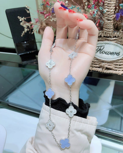 [💎ROSE💎]CLOVER 10 MOTIFS CHALCEDONY DIAMONDS SILVER NECKLACE